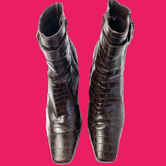 FAUX CROCODILE SKIN SQUARE TOE ZIP-UP BOOT HEELS WITH BUCKLE ✨🤎 [85] - Picture 3 of 6